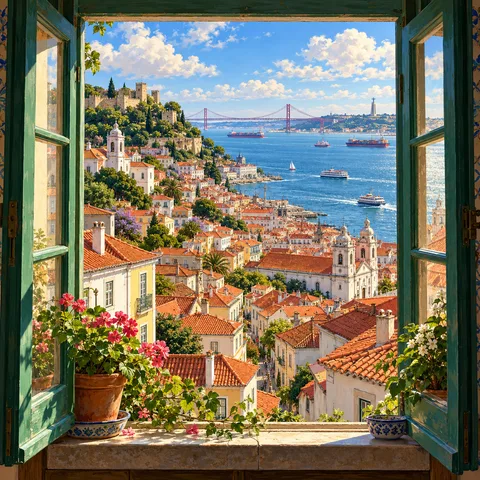 Open green shutters frame a sunlit view over Lisbon rooftops, church towers, and the Tagus river with crossing ferries beneath a red suspension bridge.