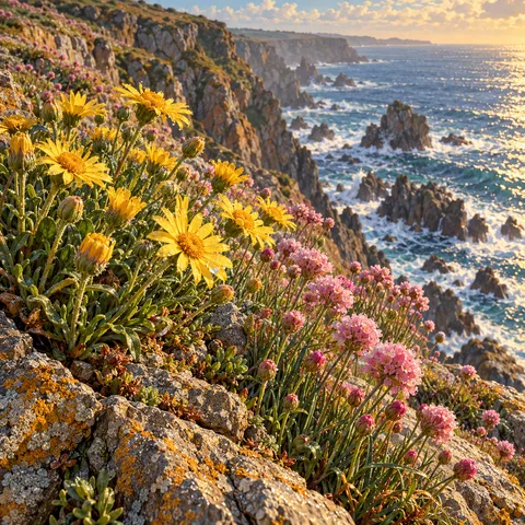 Yellow sea daisies and pink thrift flowers blooming on rocky cliffs above ocean waves crashing against jagged sea stacks in late afternoon sunlight.