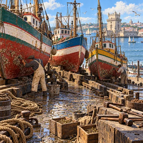 Three colorful wooden trawlers rest on slipway timbers as shipyard workers in overalls scrape barnacles from red hulls on a sunny Lisbon quayside.