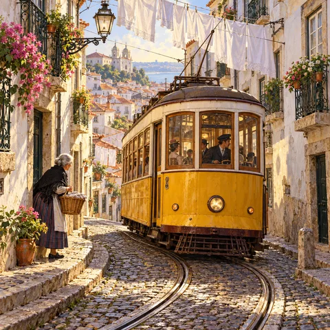 A vintage yellow tram turns along a sunlit cobbled street in Alfama as an elderly woman with a wicker basket watches from the sidewalk under hanging laundry.