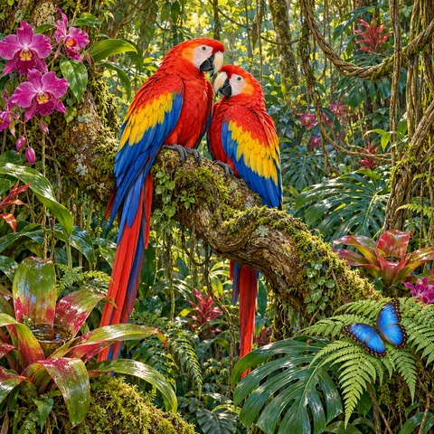 Two vivid scarlet macaws perch on a mossy branch surrounded by magenta orchids, green monstera leaves, water-filled bromeliads, and a blue morpho butterfly.